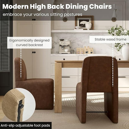 Brown Upholstered Leather Dining Chairs Set of 2, Mid Century Modern Dining Room Chairs with Deep Seat & Curved Back, Armless Side Chair Comfy Kitchen Chairs for Living Room/Kitchen