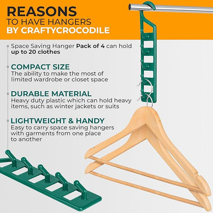 CraftyCrocodile Space Saving Hangers for Clothes - 4 in Pack, Heavy Duty Plastic, Multi Closet Space Savers for Shirts, Pants, Jeans, Sweaters - Hanger Organizer Space Saver
