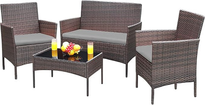 Greesum Patio Furniture 4 Pieces Conversation Sets Outdoor Wicker Rattan Chairs Garden Backyard Balcony Porch Poolside loveseat with Soft Cushion and Glass Table, Brown and Gray