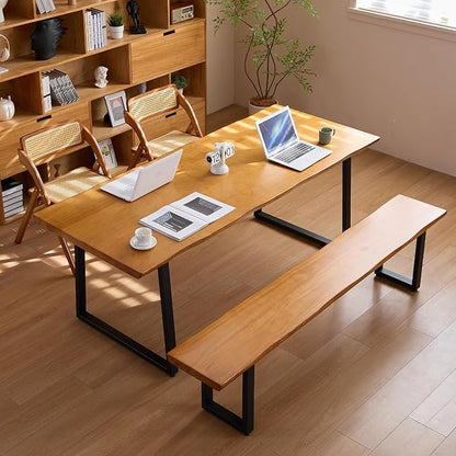 Durable Solid Wood Top Bench with Sturdy Metal Legs – Versatile Dining & Office Seating - Multi-Size Options Ideal for Living Room, Dining Room, and Home Office(Dark yellowbench, 55.12in)
