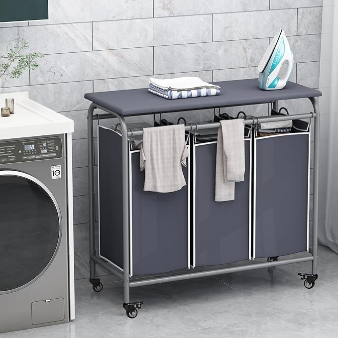 LINZINAR 3 Bag Laundry Basket Sorter Heavy Duty Rolling Lockable Wheels Laundry Hamper Cart with Ironing Board and Removable Bags, Grey