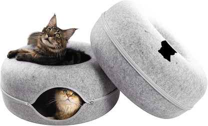 CATTASAURUS Peekaboo Cat Cave for Multiple & Large Cats Up to 30-45 Lbs, Scratch Detachable & Washable Tunnel Bed, Comfy Donut Cat Cave (Light Gray + Light Gray, Large)
