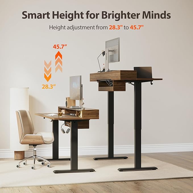 Agilestic Glass Standing Desk with Storage, 48 Inch Electric Adjustable Desk with Glass Shelf and Cable Management, Sit Stand Up Home Office Computer Table, Splice Board, Dark Walnut