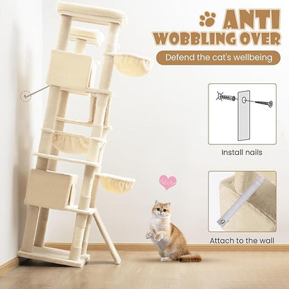 SHA CERLIN 81in Multi-Level Tall Cat Tree Tower for Indoor Kitties/Larger Cat Condo Furniture with Hammock/Cozy Pussycat Perches/Sisal Scratching Posts/Pet House/Wide Base/Beige