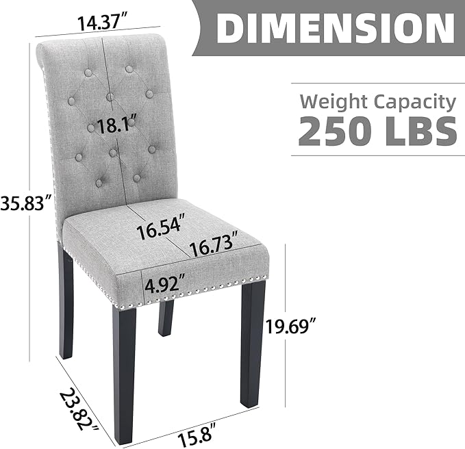 Westice Dining Room Chairs Set of 2 Upholstered Fabric Kitchen Chairs Dining Room Side Chair with Nailhead Trim and Rubber Wood Legs for Small Space Apartment, Light Gray