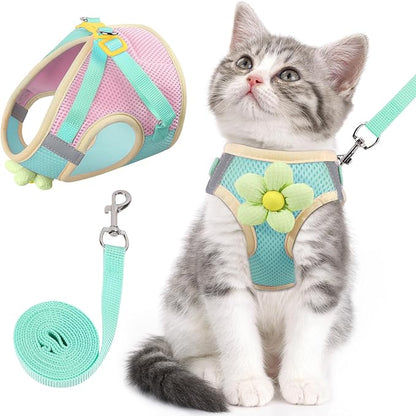 Cat Harness and Leash Set for Walking Escape Proof, Adjustable Kitten Harness Breathable Mesh with Reflective Strips Harness with Flower for Kitty Puppy Bunny Green S