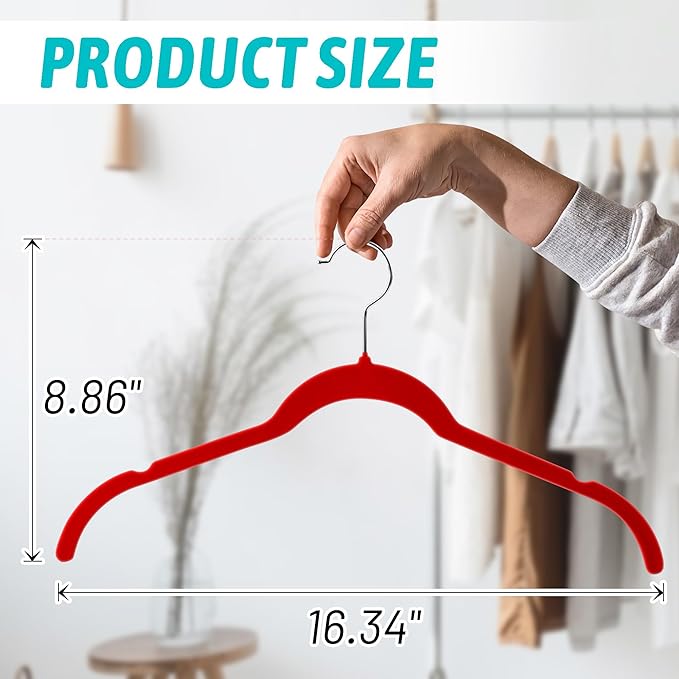 Velvet Hangers 50 Pack – Slim Non-Slip Flocked Hangers with 360° Swivel Hook, Space-Saving Closet Organizer for Dresses, Blouses, Coats(Red)