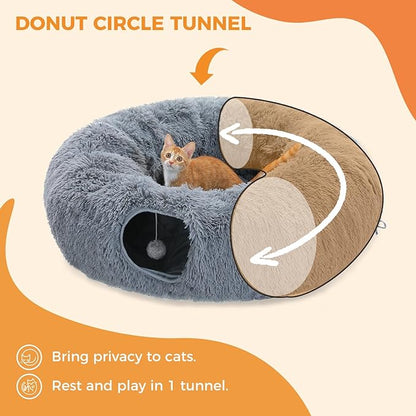 PAWZ Road Large Cat Tunnel, Cat Tunnel Bed with Central Soft Mat and Dangling Balls, Collapsible Fluffy Plush Cat Tube (9.8 Inches in Diameter) for Indoor Cats, Rabbits and Puppies
