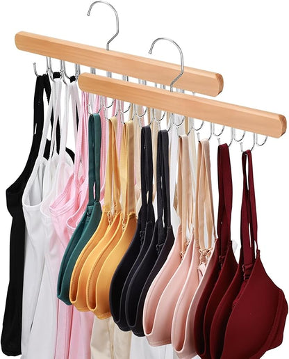 2 Pack Bra Hanger for Closet Organizer, Premium Wooden Tank Top Hangers with 36 Foldable Hooks, 360° Rotating Design, Space Saving Storage for Tank Tops, Bras, Scarves and More
