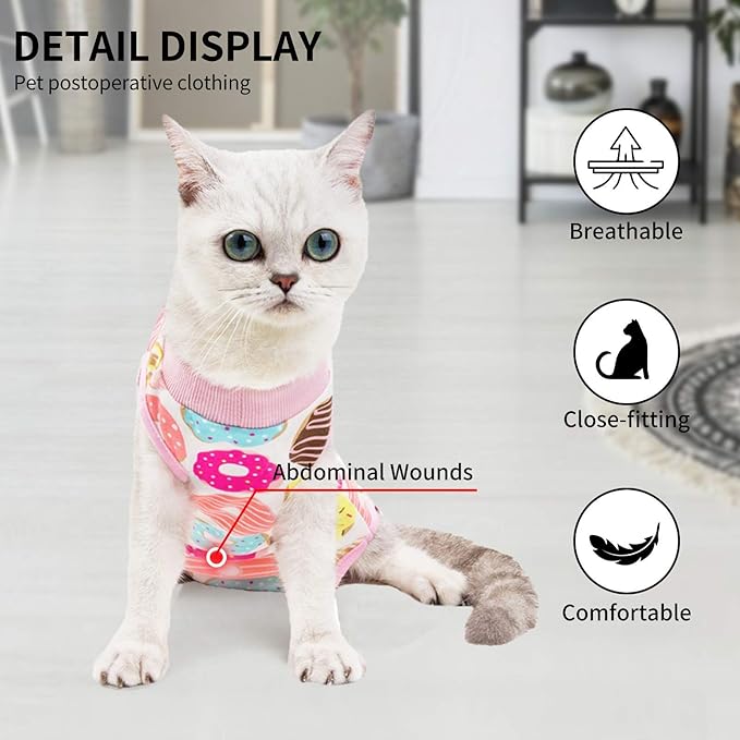 Cat Professional Surgical Recovery Suit,E-Collar Alternative for Cats Dogs,After Surgery Wear, Pajama Suit,Home Indoor Pets Clothing Doughnut S