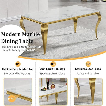 70" Marble Dining Table Set for 6, Modern 7 Piece Dining Room Table Set with White Faux Marble Dining Table & 6 Blue Velvet Upholstered Chairs, Luxury Gold Kitchen Table Chairs Set of 6