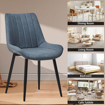 Dining Chairs Set of 6, Faux Leather Modern Linear Design Dining Chair with Metal Legs, 16.9" Seat Width Chair for Kitchen, Lounge, Reception Room, Restaurant, Commercial (Haze Blue)