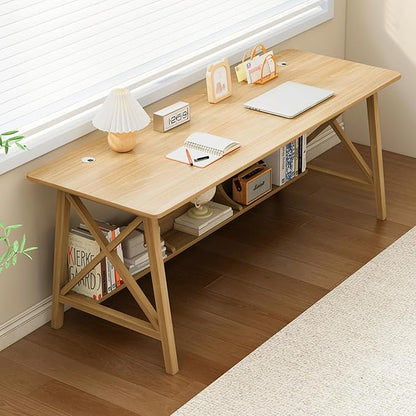Extra Long Desk with Bookshelf - Wooden Home Office Work Study Table, 2-Person Writing Computer Workstation with Storage Shelf in Oak, 63" Wx24 Dx30 H