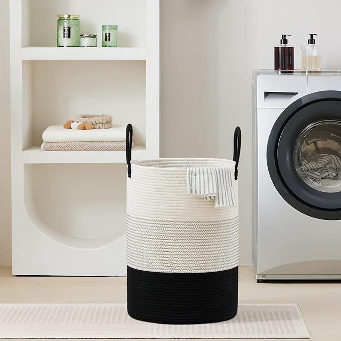 VIPOSCO Large Laundry Hamper, Tall Woven Rope Storage Basket for Blanket, Toys, Dirty Clothes in Living Room, Bathroom, Bedroom - 72L White & Black
