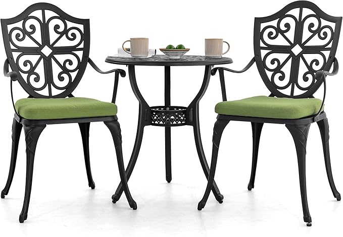 NUU GARDEN Outdoor 3 Piece Bistro Set with Cushions Round 24 Inch Cast Aluminum Table with 2.17 Inch Umbrella Hole and 2 Cast Aluminum Bistro Chairs for Patio Garden Backyard and Balcony Black