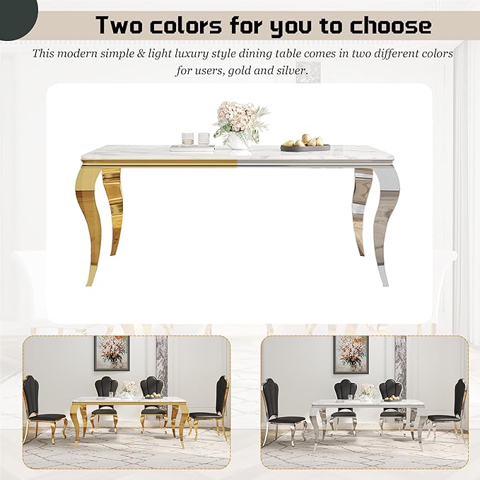Dining Table Set for 6, 7-Piece Kitchen Table Chairs Set, Modern Dining Room Set with 70'' Marble Dinner Table and 6 Petaloid Backrest Upholstered Chairs for Kitchen, Black & Silver