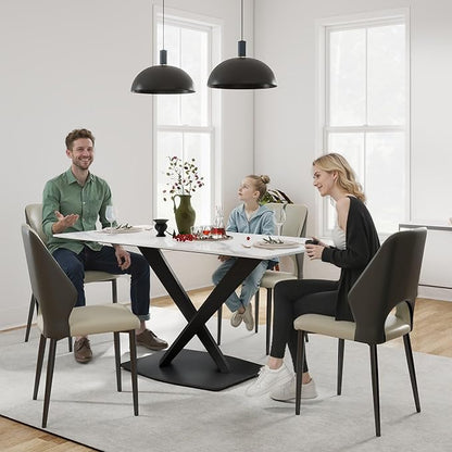 63" Modern Dining Table for 4-6 People, White Sintered Stone Table Top with X-Shape Carbon Steel Pedestal, Large Rectangular Table for Kitchen Living Room