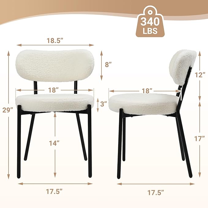 Dining Chairs Set of 2 pcs, Boucle Comfortable Upholstered Seat Fabric with Curved Backrest, Mid Century Modern Contemporary Scandinavian Designer Chairs Ideal for Dining Room, Kitchen, White