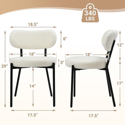 Dining Chairs Set of 2 pcs, Boucle Comfortable Upholstered Seat Fabric with Curved Backrest, Mid Century Modern Contemporary Scandinavian Designer Chairs Ideal for Dining Room, Kitchen, White