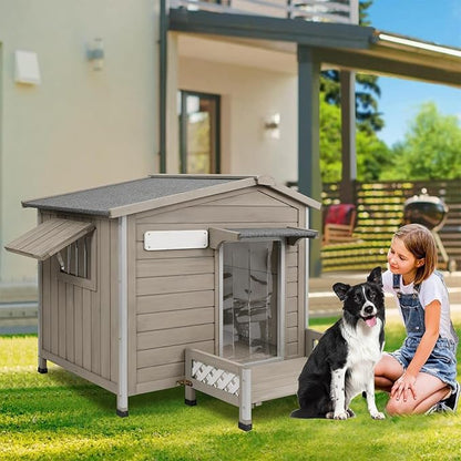 41" L Outdoor Large Dog House with Porch, Removable Floor, Raised Feet, Anti-Chewing Iron Frame - Wooden Kennel with Asphalt Roof, Window for Indoor/Outdoor Use, Ideal for Medium to Large Dogs