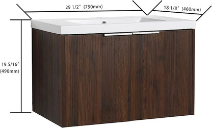 Goujxcy 30" Wall Mounted Bathroom Vanity with Sink, Modern Floating Bathroom Cabinet with White Resin Wash Basin & Storage Cabinet, Soft-Close Door Wood Hanging Bath Room Cabinet