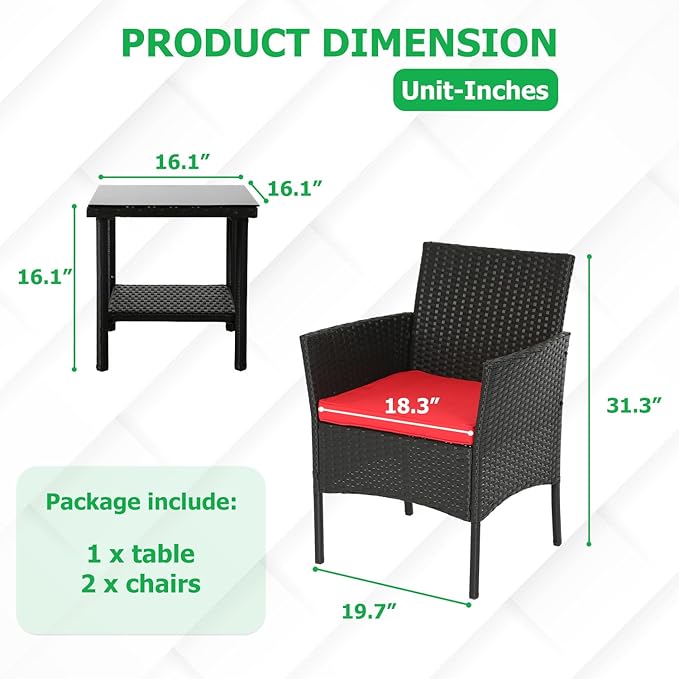 FDW | 3-Piece Patio Furniture Set | Black & Red | Outdoor Wicker Furniture with Coffee Table | Modern Rattan Chairs Conversation Set | Outdoor Seating | Weather-Resistant | for Porch, Garden, Lawn