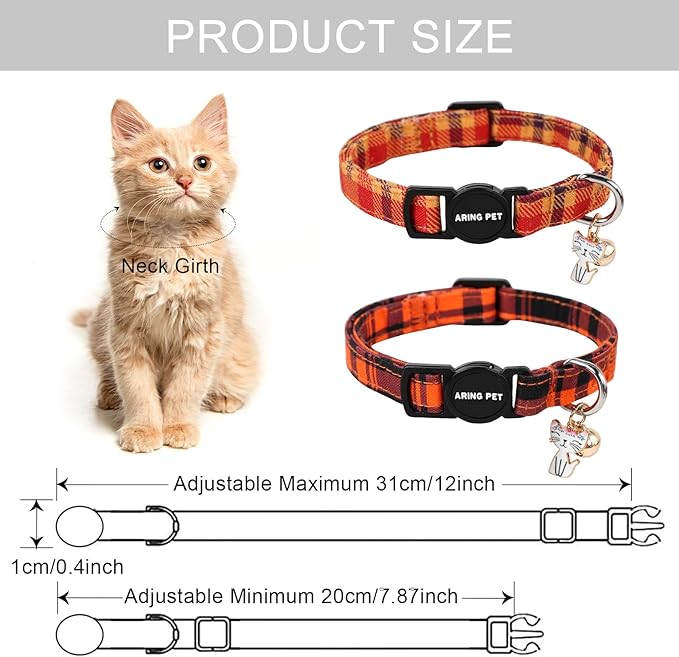 ARING PET 2 Pack Fall Cat Collars-Cute Breakaway Cat Collar with Bell & Pendant, Adjustable Halloween Plaid Kitten Collars with Safety Buckle for Girl and Boy Cats
