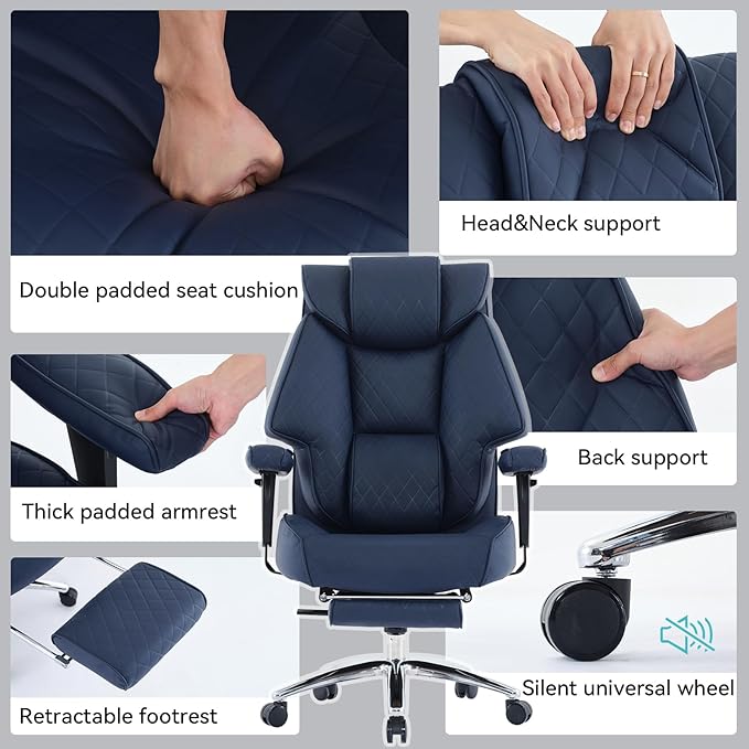 Big and Tall Office Chair with Footrest, PU Leather High Back Executive Office Chair 400lbs, Ergonomic Computer Chairs Lumbar Support for Heavy People (Blue)