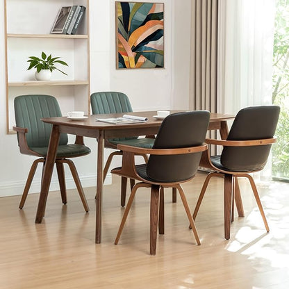 Set of 1 MCM Dining Chair, Mid Century Modern Chair with Walnut Craftsmanship, Upholstered Faux Leather, Wooden Arms and Legs, Faux Leather Dining Chair for Kitchen/Living Room - Green