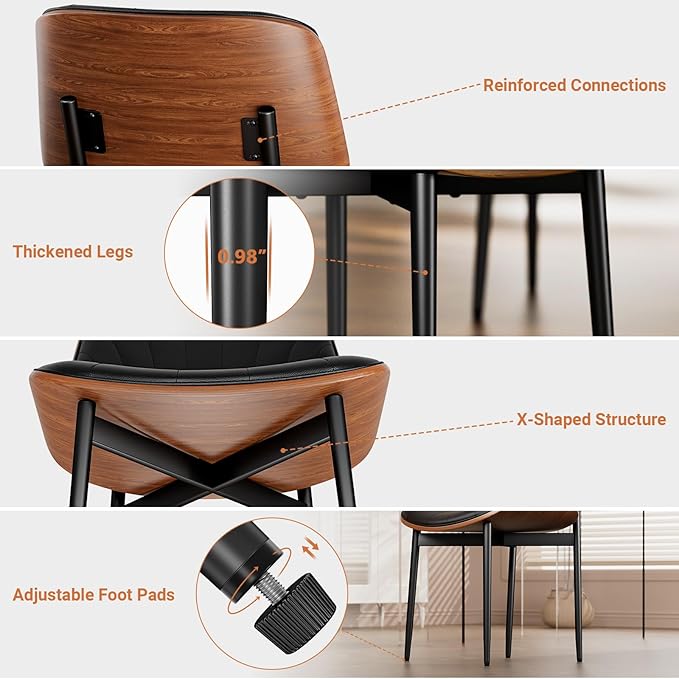 Dining Chairs Set of 2, Dining Room and Kitchen Chairs, FSC Certified Mid Century Modern Accent Chair, Upholstered PU Leather Chairs for Vanity with Walnut Bentwood and Metal Legs, Black