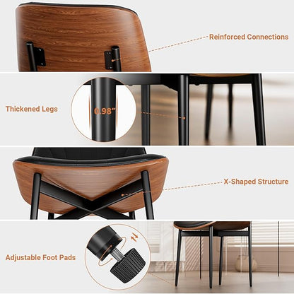 Dining Chairs Set of 2, Dining Room and Kitchen Chairs, FSC Certified Mid Century Modern Accent Chair, Upholstered PU Leather Chairs for Vanity with Walnut Bentwood and Metal Legs, Black