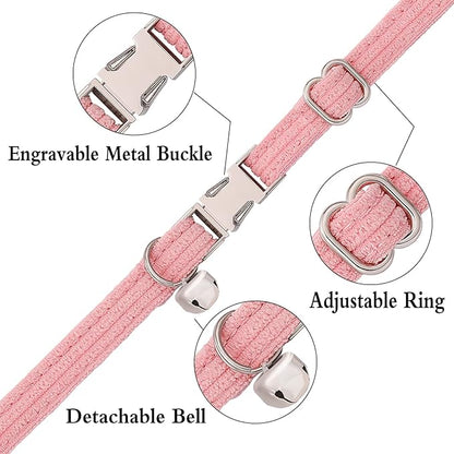Personalized Cat Collar with Name Plate,Adjustable Tough Nylon Cat ID Collars with Bell,Customize Engraved Pet Name and Phone Number (Velvet Style C)