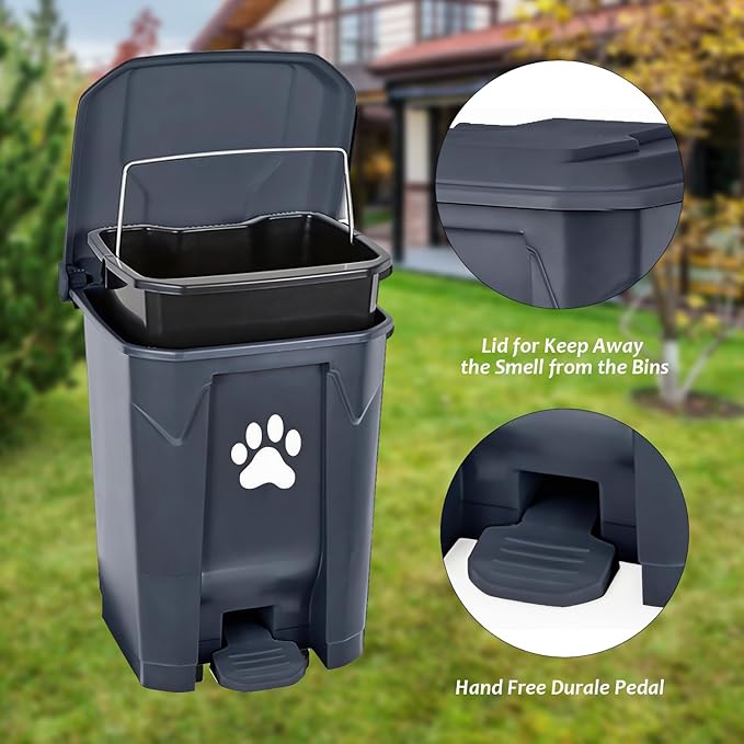tebiete Dog Poop Trash Can Outdoors Pet Waste Station with Lid Dog Waste Disposal Container with Removable Inner Bin Bucket Hands-Free Pedal Garden Yard Home with Waste Bags, Grey