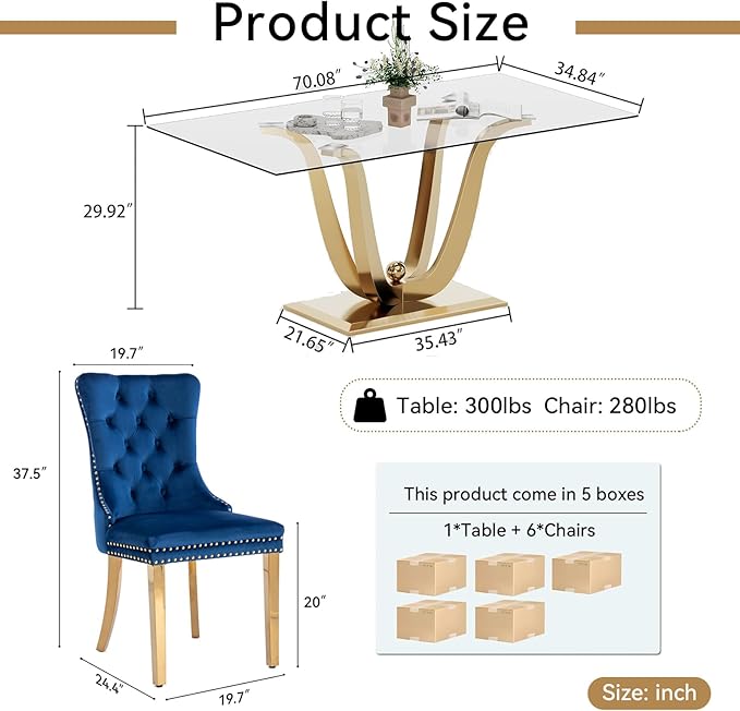70" Modern Gold Glass Dining Table Set for 6, 7-Piece Rectangle Kitchen Dining Room Table Set with Steel Base & 6 Blue Velvet Upholstered Chairs, Modern Glass Kitchen Table and Chairs Set of 6