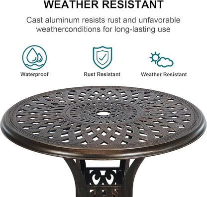 30.31" Outdoor Table and Chairs, Patio Table Set with 2.36" Umbrella Hole, Anti-Resistant Outdoor Dinning Set, Cast Aluminum Patio Furniture Set for Garden, Porch, Deck