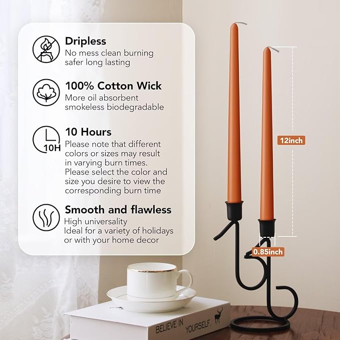 New Burning Formula Unscented Dripless 12-Inch Taper Candles Set of 12 - Burnt Orange, for Wedding, Dinner - Smokeless, Long Burning - Hand Poured, Colored Tall Candlesticks - Naranja Quemado
