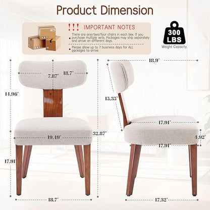 Dining Chairs Set of 6, Mid-Century Modern Upholstered Kitchen Chairs with Curved Backrest and Linen Fabric Seat, Wood Leg Accent Chairs for Dining Room, Living Room, Bedroom, Linen Beige