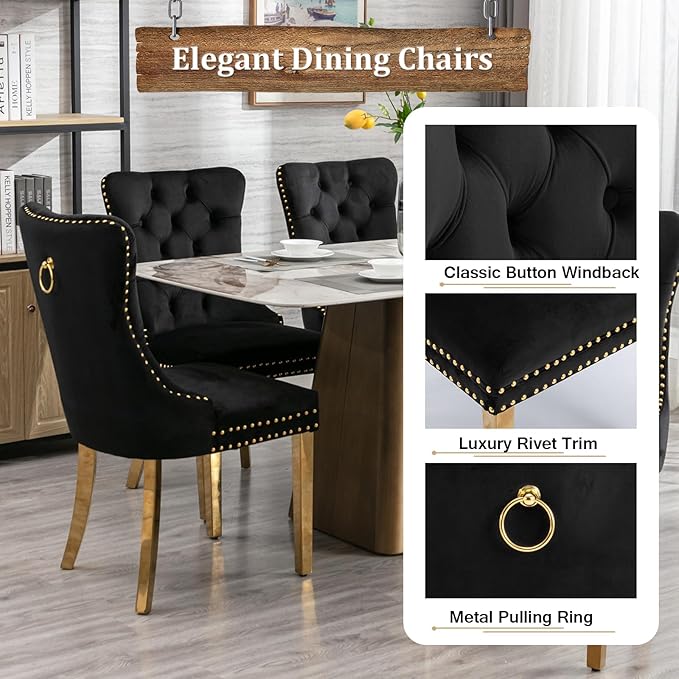 70" Modern Gold Glass Dining Table Set for 4, 5-Piece Rectangle Kitchen Dining Room Table Set with Steel Base & 4 Black Velvet Upholstered Chairs, Modern Glass Kitchen Table and Chairs Set of 4