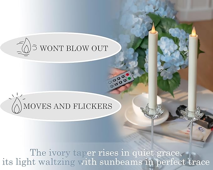 Flameless Taper Candles Flickering with Remote and Timer, 3D Moving Flame Taper Candle Battery Operated to 400 Hours, 9 Inch Window Candles, (Ivory)