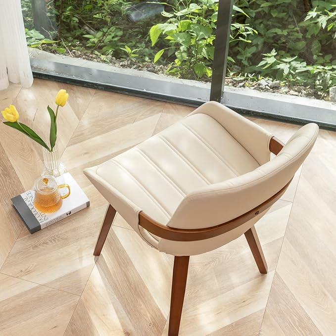 Mid Century Modern Beige Faux Leather Upholstered Dining Chairs Set of 2,Armless Accent Chairs with Sturdy Natural Wood Legs,Bamboo Backrest Support for Kitchen&Dining Room Chairs