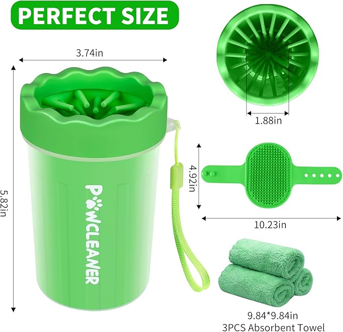 Professional 7 in 1 Dog Paw Cleaner for Dogs & Cats - Includes 1 Portable Paw Washer, 1 Bath Brush, 2 Dog Toothbrushes and 3 Absorbent Towels Note: Fits Paws 1.5 to 2.5 Inches Wide (Medium, Green)