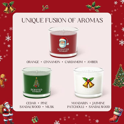 Christmas Candles, Scented Candles Gift Set for Stress Relief, 3 Votive Candles for Women and Men, Christmas Candle Gifts for Women (Red + Green + White, 7 oz)