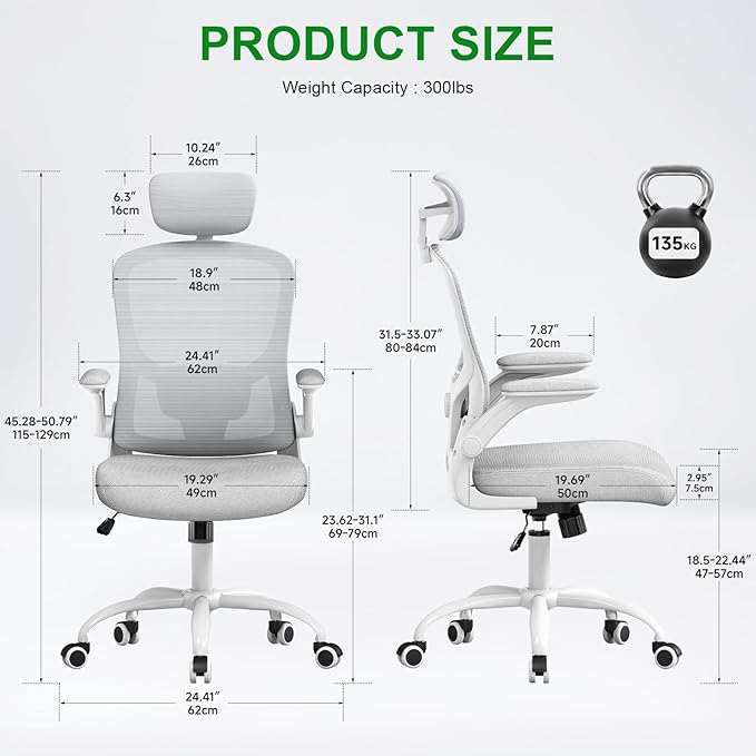 Ergonomic Chair for Office- Study Chair,300lb Gaming Chair, Mesh Comfortable High Back Chair, Headrest, Lumbar Support, Armrest, Comfy Seat for Man Woman(White-Grey6076)