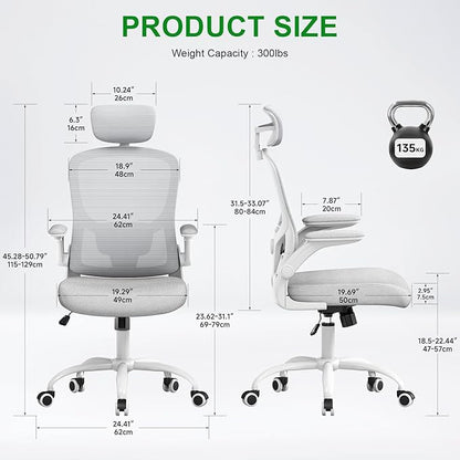 Ergonomic Chair for Office- Study Chair,300lb Gaming Chair, Mesh Comfortable High Back Chair, Headrest, Lumbar Support, Armrest, Comfy Seat for Man Woman(White-Grey6076)