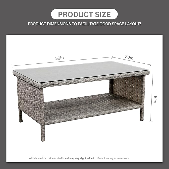 Rattaner Patio Coffee Table Outdoor Furniture Wicker Table 2-Layer Storage with Tempered Glass and Furniture Cover, Grey