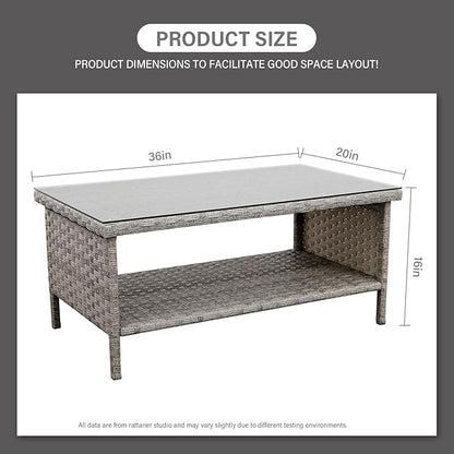 Rattaner Patio Coffee Table Outdoor Furniture Wicker Table 2-Layer Storage with Tempered Glass and Furniture Cover, Grey