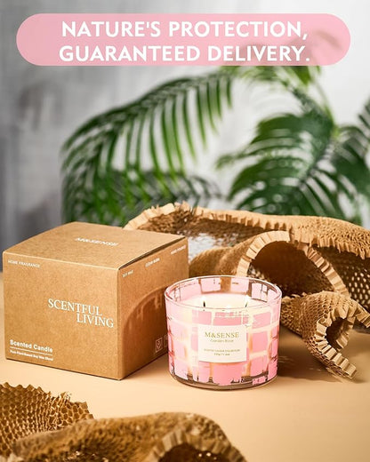 M&SENSE Garden Rose Scented,11.6oz Natural Soy Wax Non Toxic for Home, 3 Wick Jar Candle, Up to 60 Hours Burn time, Home Decor Housewarming Gift for Women and Men