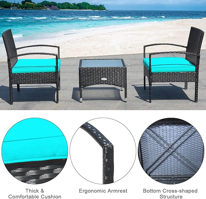 COSTWAY 3 PCS Patio Wicker Conversation Set, PE Rattan Sofa with Tempered Glass Coffee Table, 2 Chairs, 2 Cushions, Outdoor Patio Furniture Set for Yard Porch Bistro Balcony Backyard Pool, Turquoise