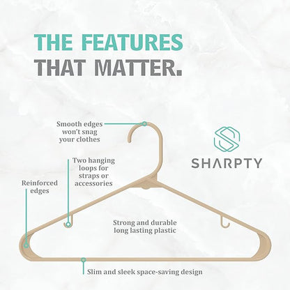 Sharpty Plastic Hangers Clothes Hangers for Clothing, Closet, Coats & Shirts - Durable, Thick, Tough & Space Saving - for Everyday Standard Use, Room Essentials & Basics - 20 Pack - Beige