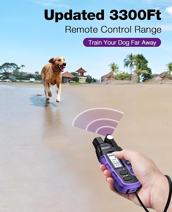 Bousnic Dog Shock Collar - 3300Ft Training Collar with Remote for 5-120lbs Small Medium Large Dogs Rechargeable Waterproof e Collar with Beep (1-8), Shake(1-16), Safe Shock(1-99) Modes (Lightpurple)